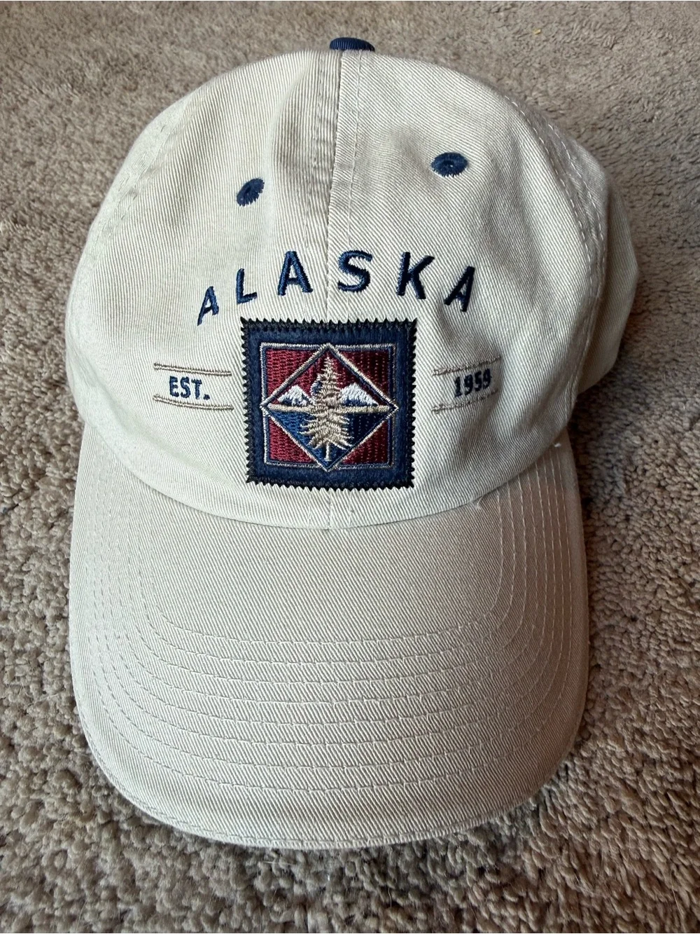 Alaska Embroidered Baseball Cap -tan with Navy & Red Accent